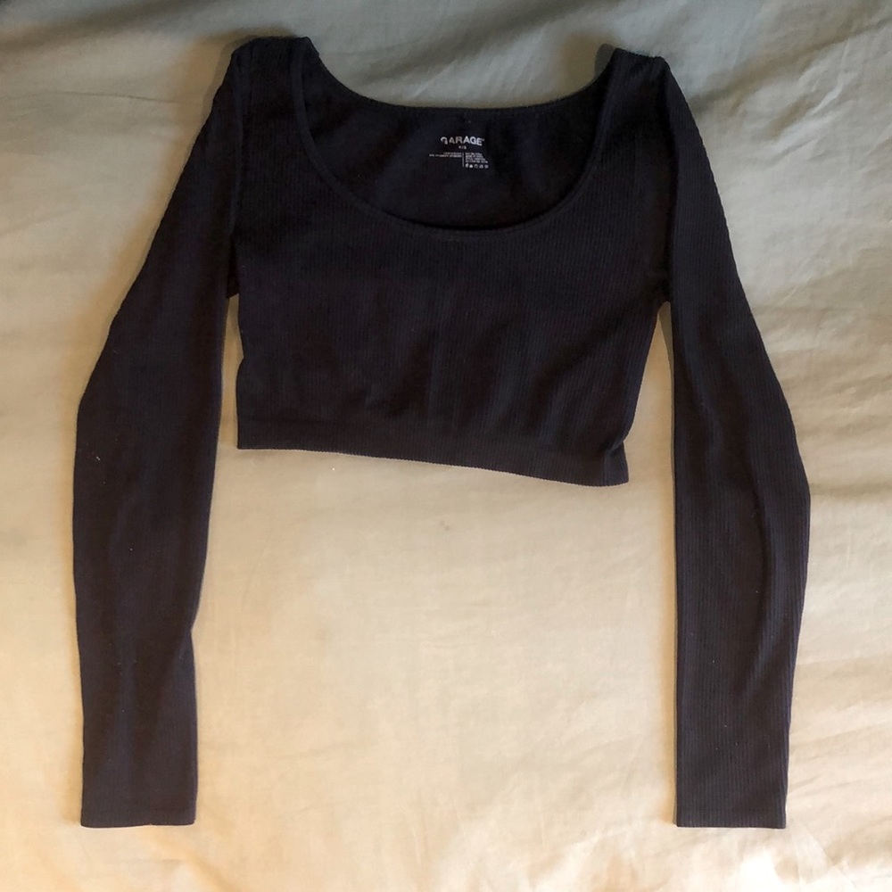 Garage, black long-sleeve ribbed cropped crew neck. Size US S.